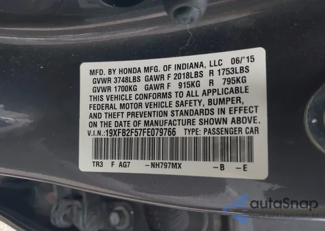 2015 Honda Civic Lx из США, поврежденный, VIN 19XFB2F57FE079766